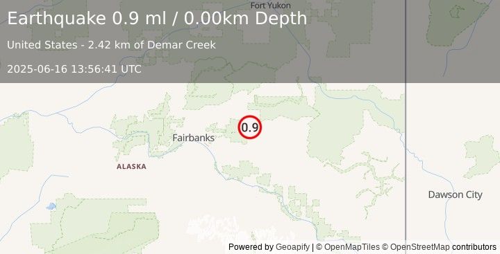 Earthquake 45 km ENE of Pleasant Valley, Alaska (0.9 ml) (2025-06-16 13:56:41 UTC)