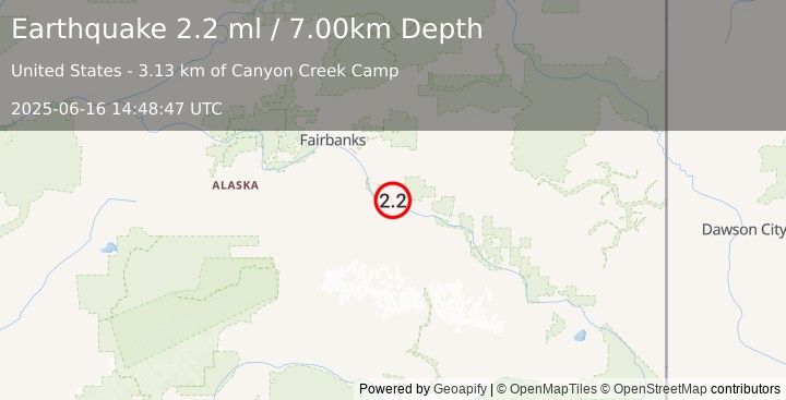 Earthquake 7 km SE of Harding-Birch Lakes, Alaska (2.2 ml) (2025-06-16 14:48:47 UTC)