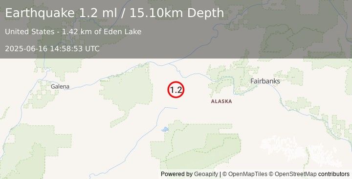 Earthquake 58 km SSE of Tanana, Alaska (1.2 ml) (2025-06-16 14:58:53 UTC)