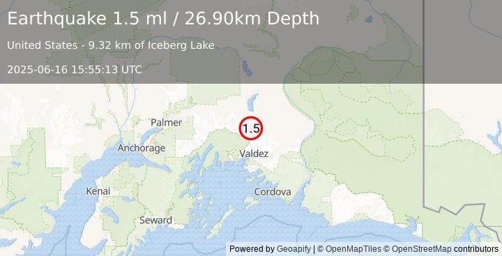 Earthquake 42 km N of Valdez, Alaska (1.5 ml) (2025-06-16 15:55:13 UTC)
