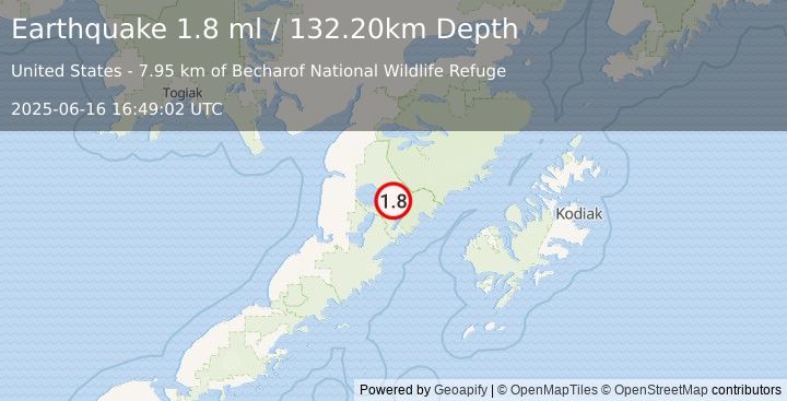 Earthquake 80 km ESE of Egegik, Alaska (1.8 ml) (2025-06-16 16:49:02 UTC)