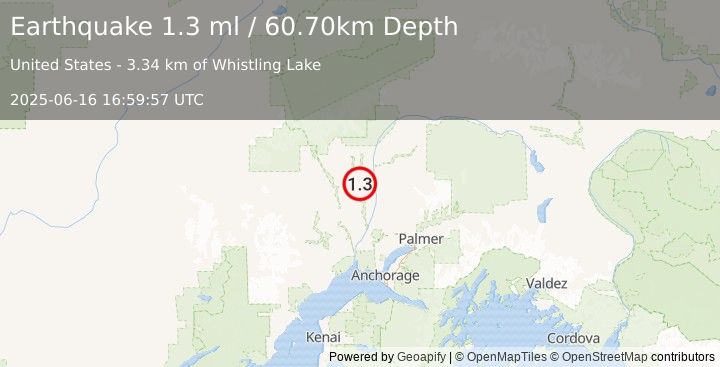 Earthquake 20 km SW of Trapper Creek, Alaska (1.3 ml) (2025-06-16 16:59:57 UTC)