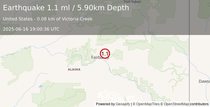 Earthquake 12 km E of Fox, Alaska (1.1 ml) (2025-06-16 19:00:36 UTC)