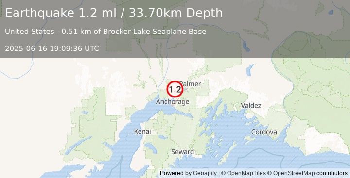 Earthquake 4 km NW of Knik, Alaska (1.2 ml) (2025-06-16 19:09:36 UTC)