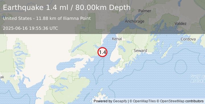 Earthquake 37 km WNW of Happy Valley, Alaska (1.4 ml) (2025-06-16 19:55:36 UTC)