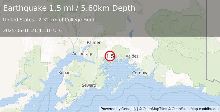 Earthquake 56 km NE of Whittier, Alaska (1.5 ml) (2025-06-16 21:41:10 UTC)