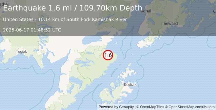 Earthquake 71 km SE of Kokhanok, Alaska (1.6 ml) (2025-06-17 01:48:52 UTC)