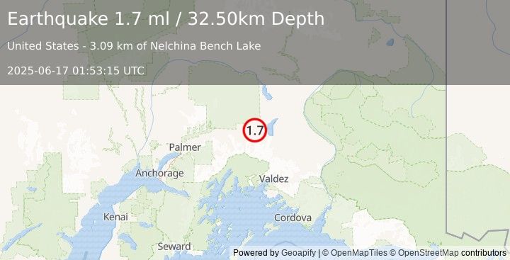 Earthquake 15 km SE of Eureka Roadhouse, Alaska (1.7 ml) (2025-06-17 01:53:15 UTC)