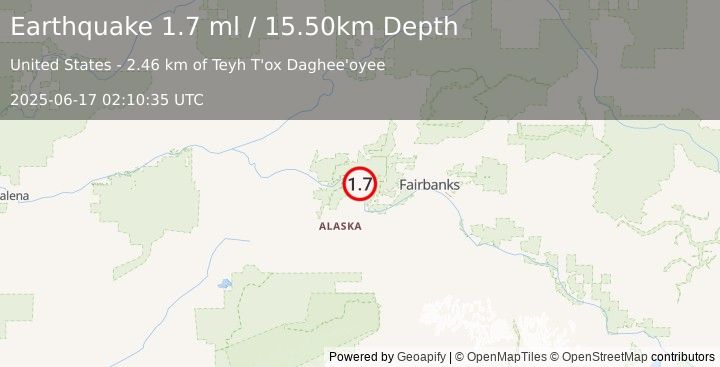 Earthquake 27 km NNW of Four Mile Road, Alaska (1.7 ml) (2025-06-17 02:10:35 UTC)