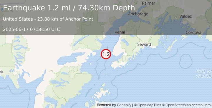 Earthquake 26 km W of Anchor Point, Alaska (1.2 ml) (2025-06-17 07:58:50 UTC)