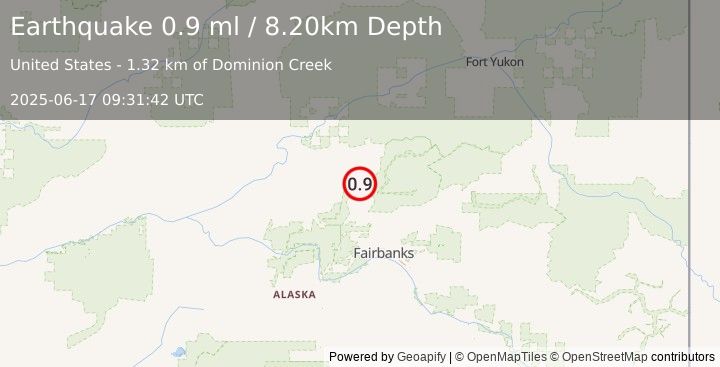 Earthquake 15 km ESE of Livengood, Alaska (0.9 ml) (2025-06-17 09:31:42 UTC)