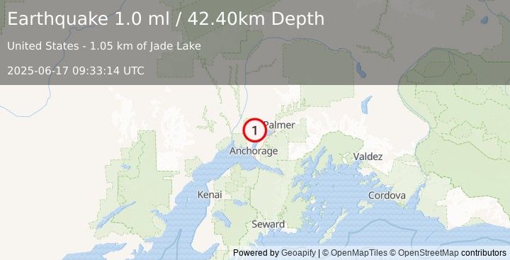 Earthquake 5 km E of Big Lake, Alaska (1.0 ml) (2025-06-17 09:33:14 UTC)