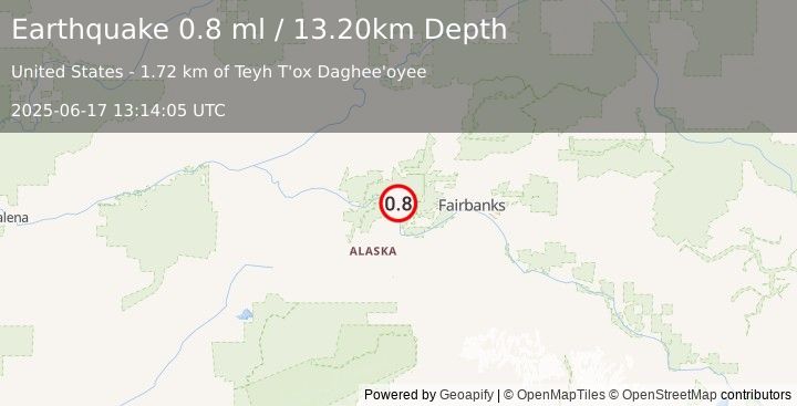Earthquake 27 km N of Four Mile Road, Alaska (0.8 ml) (2025-06-17 13:14:05 UTC)