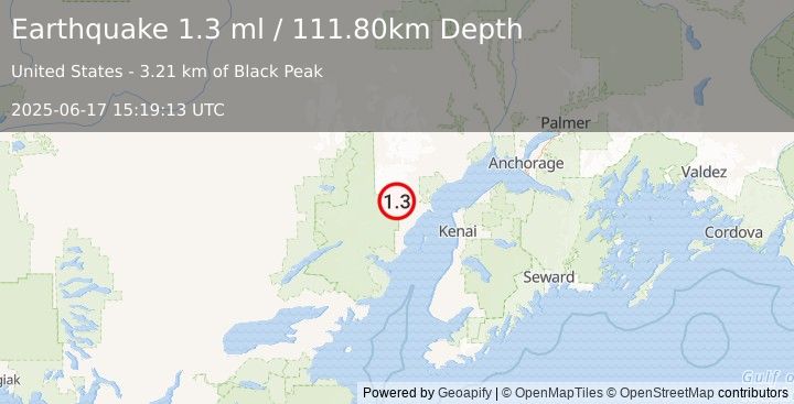 Earthquake 66 km WNW of Nikiski, Alaska (1.3 ml) (2025-06-17 15:19:13 UTC)