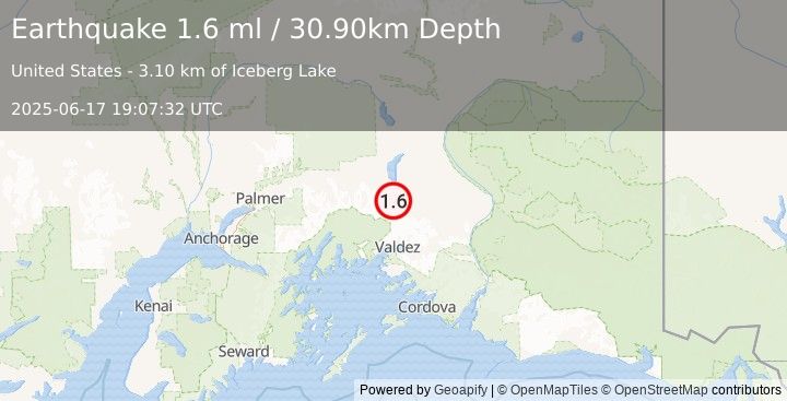 Earthquake 49 km SSE of Nelchina, Alaska (1.6 ml) (2025-06-17 19:07:32 UTC)