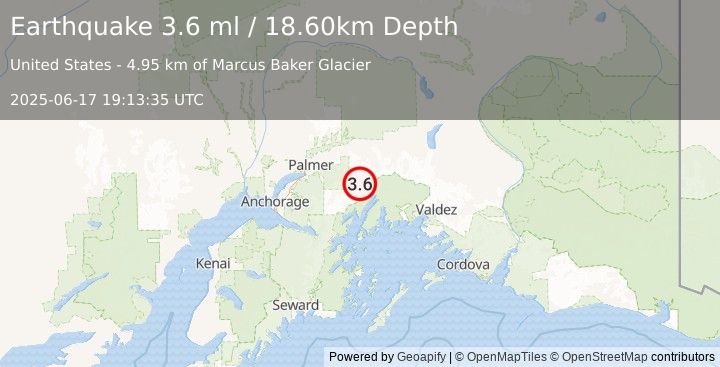 Earthquake 48 km E of Knik River, Alaska (3.4 ml) (2025-06-17 19:13:36 UTC)