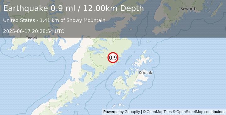 Earthquake 87 km N of Karluk, Alaska (0.9 ml) (2025-06-17 20:28:54 UTC)