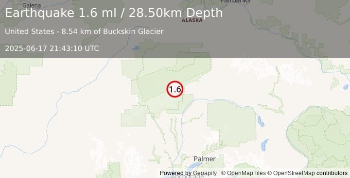 Earthquake 65 km NNE of Petersville, Alaska (1.6 ml) (2025-06-17 21:43:10 UTC)