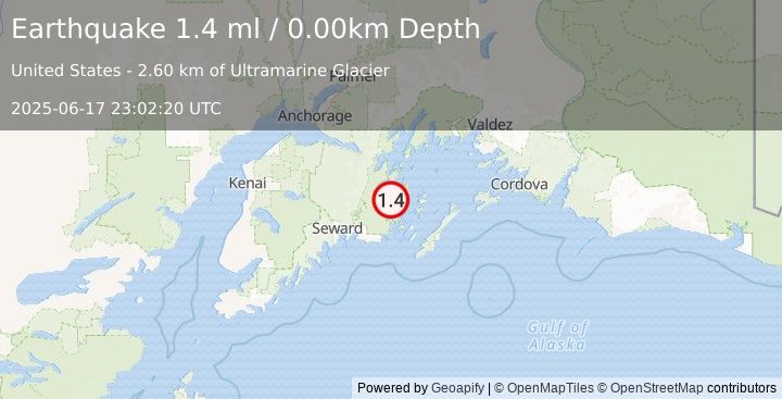 Earthquake 40 km NNW of Chenega, Alaska (1.4 ml) (2025-06-17 23:02:20 UTC)