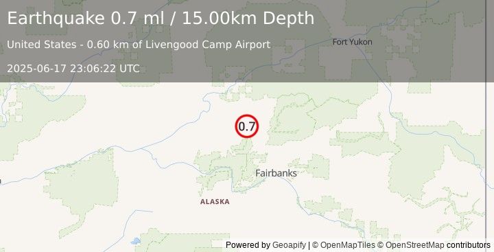 Earthquake 7 km SW of Livengood, Alaska (0.7 ml) (2025-06-17 23:06:22 UTC)