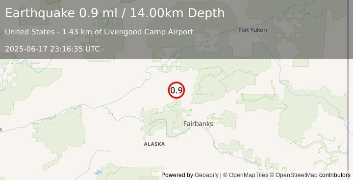 Earthquake 9 km SW of Livengood, Alaska (0.9 ml) (2025-06-17 23:16:35 UTC)