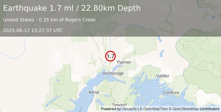 Earthquake 6 km NNW of Willow, Alaska (1.7 ml) (2025-06-17 23:27:37 UTC)