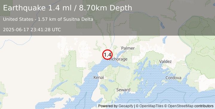 Earthquake 19 km SSW of Susitna, Alaska (1.4 ml) (2025-06-17 23:41:28 UTC)