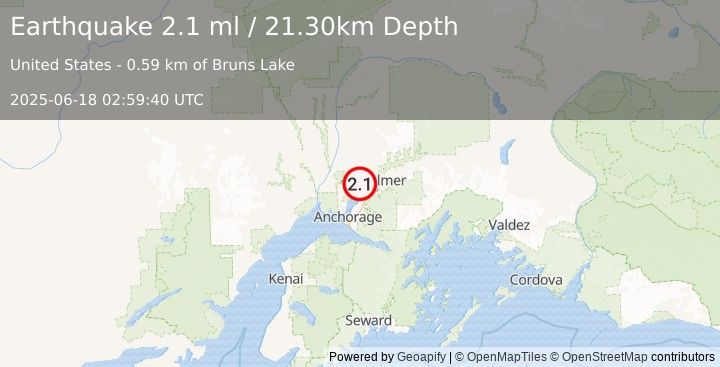 Earthquake 5 km NNW of Knik-Fairview, Alaska (2.1 ml) (2025-06-18 02:59:40 UTC)