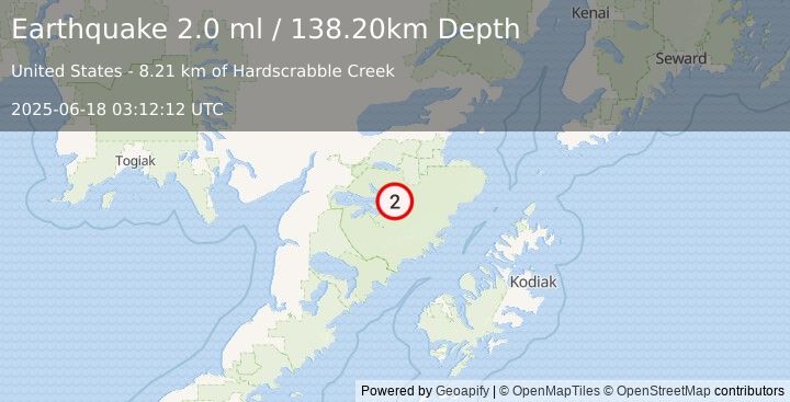 Earthquake 86 km E of King Salmon, Alaska (2.0 ml) (2025-06-18 03:12:12 UTC)