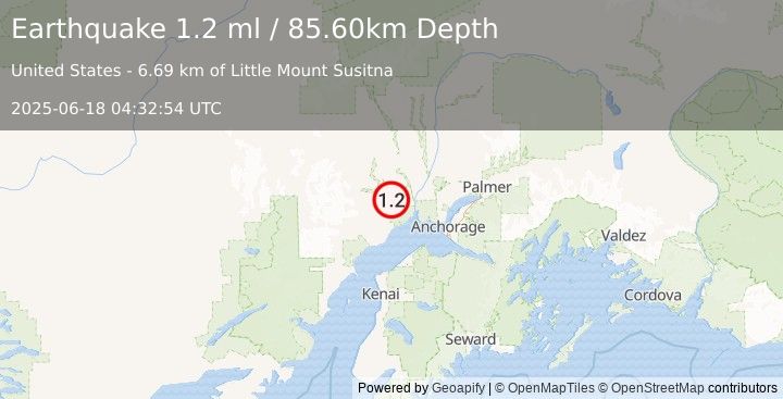 Earthquake 29 km WSW of Susitna, Alaska (1.2 ml) (2025-06-18 04:32:54 UTC)