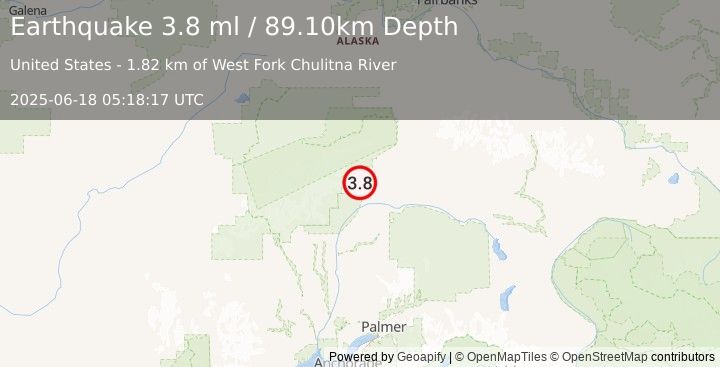 Earthquake 50 km SW of Cantwell, Alaska (3.8 ml) (2025-06-18 05:18:17 UTC)