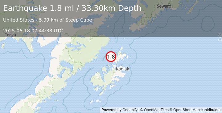 Earthquake 28 km NW of Aleneva, Alaska (1.8 ml) (2025-06-18 07:44:38 UTC)