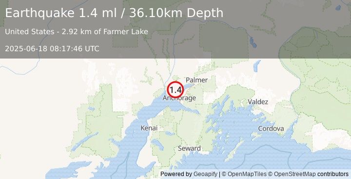 Earthquake 5 km NW of Point MacKenzie, Alaska (1.4 ml) (2025-06-18 08:17:46 UTC)