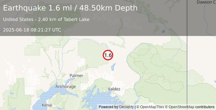Earthquake 12 km WNW of Lake Louise, Alaska (1.6 ml) (2025-06-18 08:21:27 UTC)