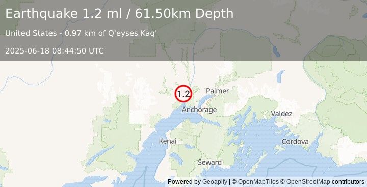 Earthquake 3 km W of Susitna, Alaska (1.2 ml) (2025-06-18 08:44:50 UTC)