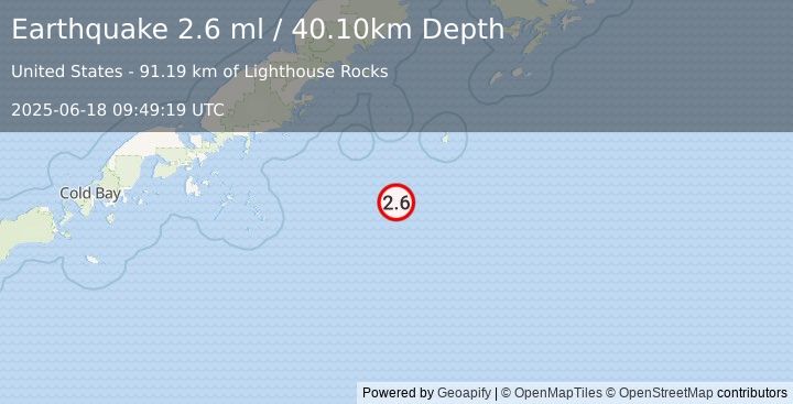 Earthquake 174 km SE of Chignik, Alaska (2.6 ml) (2025-06-18 09:49:19 UTC)