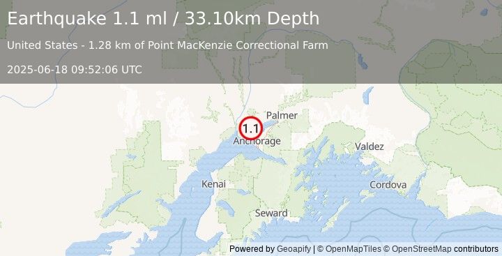 Earthquake 7 km NW of Point MacKenzie, Alaska (1.1 ml) (2025-06-18 09:52:06 UTC)