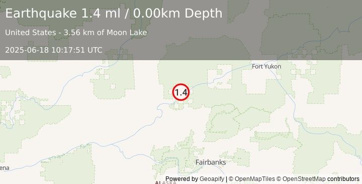 Earthquake 12 km NNE of Stevens Village, Alaska (1.4 ml) (2025-06-18 10:17:51 UTC)