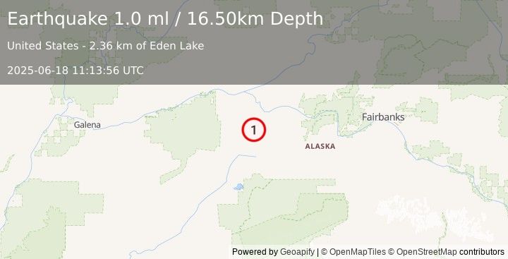 Earthquake 58 km SSE of Tanana, Alaska (1.0 ml) (2025-06-18 11:13:56 UTC)