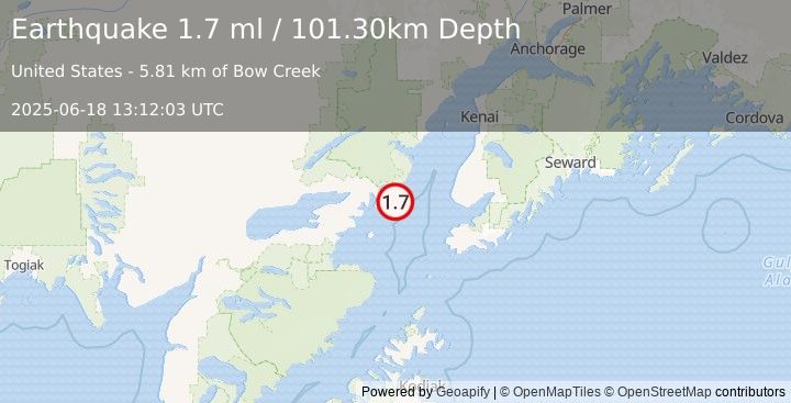 Earthquake 62 km W of Anchor Point, Alaska (1.7 ml) (2025-06-18 13:12:03 UTC)