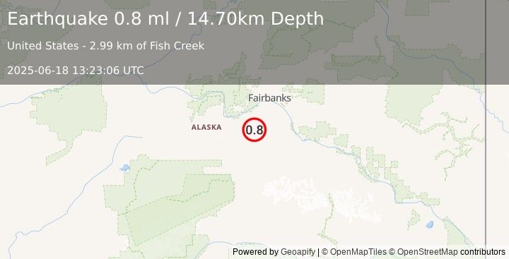 Earthquake 46 km ESE of Nenana, Alaska (0.8 ml) (2025-06-18 13:23:06 UTC)