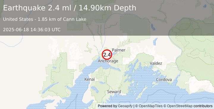 Earthquake 8 km N of Point MacKenzie, Alaska (2.4 ml) (2025-06-18 14:36:03 UTC)
