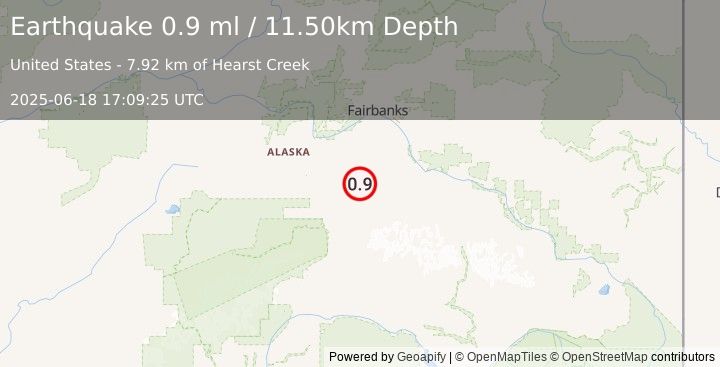 Earthquake 51 km ENE of Ferry, Alaska (0.9 ml) (2025-06-18 17:09:25 UTC)