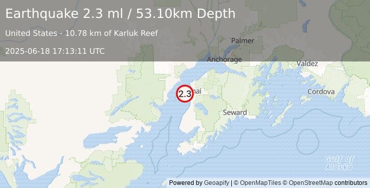 Earthquake 17 km WNW of Kalifornsky, Alaska (2.3 ml) (2025-06-18 17:13:11 UTC)