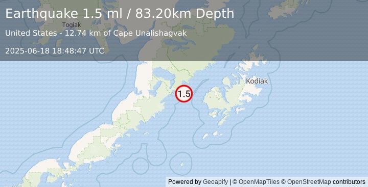 Earthquake 65 km W of Karluk, Alaska (1.5 ml) (2025-06-18 18:48:47 UTC)