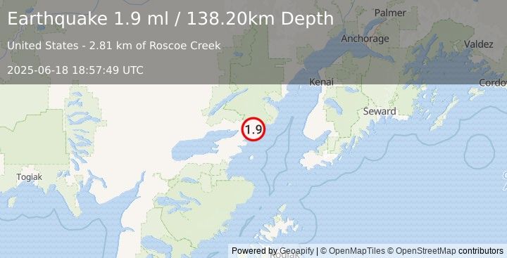 Earthquake 41 km E of Pedro Bay, Alaska (1.9 ml) (2025-06-18 18:57:49 UTC)