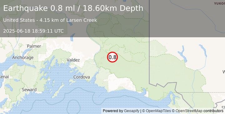 Earthquake 42 km WSW of McCarthy, Alaska (0.8 ml) (2025-06-18 18:59:11 UTC)