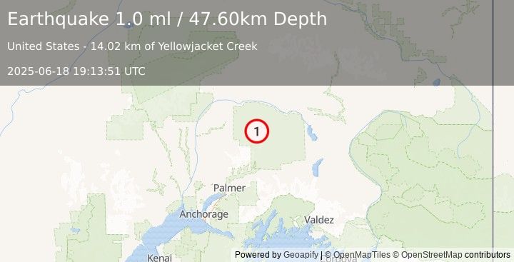 Earthquake 70 km N of Chickaloon, Alaska (1.0 ml) (2025-06-18 19:13:51 UTC)