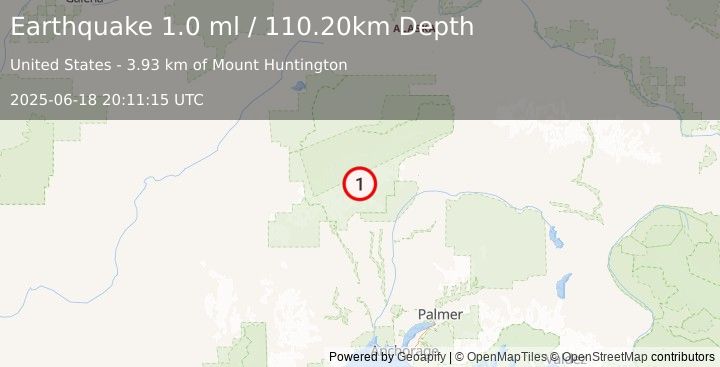 Earthquake 49 km N of Petersville, Alaska (1.0 ml) (2025-06-18 20:11:15 UTC)