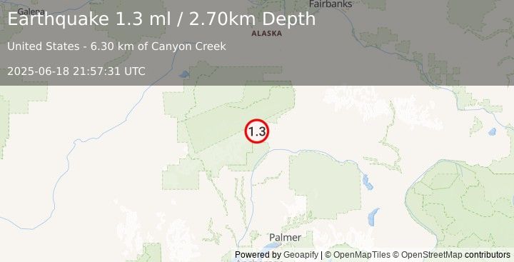Earthquake 60 km WSW of Cantwell, Alaska (1.3 ml) (2025-06-18 21:57:31 UTC)
